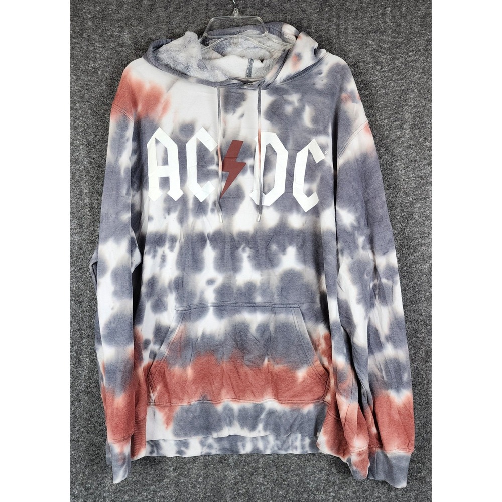 AC/DC Graphic Hoodie Mens 2XL Grey Tie Dye Rock Band Pullover Sweatshirt